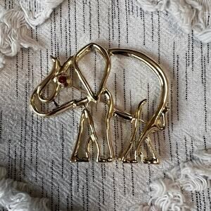 Vintage Elephant Signed Sears Brooch Red Rhinestone Eye